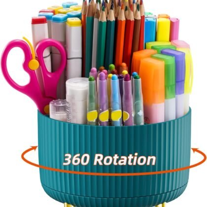 Marbrasse Desk Organizer, 360-Degree Rotating Pen Holder, Desk Organizers and Accessories with 5 Compartments Pencil Organizer, Art Supply Storage Box Caddy for Office, Home（Green）