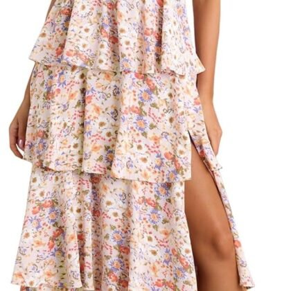 Wenrine Womens Summer Floral Maxi Dress Tie Strap Sleeveless V Neck High Slit Boho Ruffle Tiered Beach Dresses