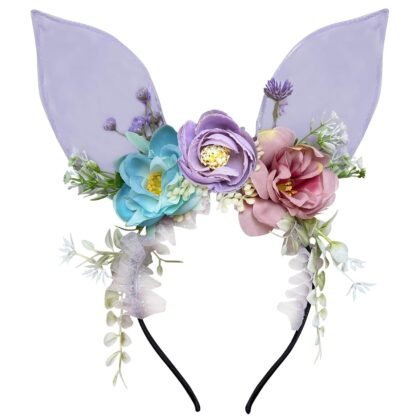 Trnerm Easter Bunny Ears Headband Easter Bunny Wreath Rabbit Ear Hairbands for Easter Party Masquerade Animal Theme Party Purple Flower
