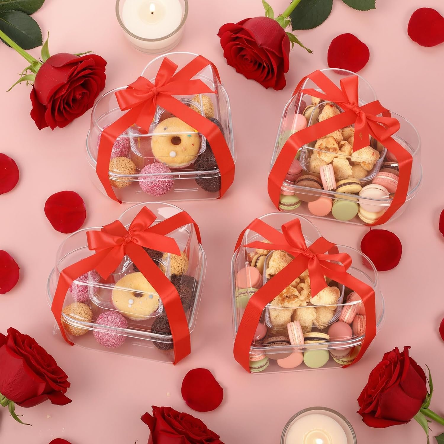 4 Pcs Valentine's Day Heart Shaped Plastic Container 5.4" W x 3.5" H Clear Double-heart Box with Lid Valentine's Plastic Storage Box with Ribbon for Packaging Candies, Dessert, Snack - Image 3