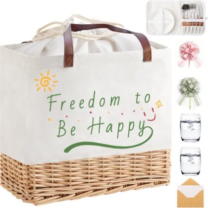 Wicker Picnic Basket for 2 Person, Folding Picnic Basket Set with Waterproof Lining,Canvas and Willow Picnic Hamper with Utensils，for Outdoor, Camping, Beach，Wedding Gifts