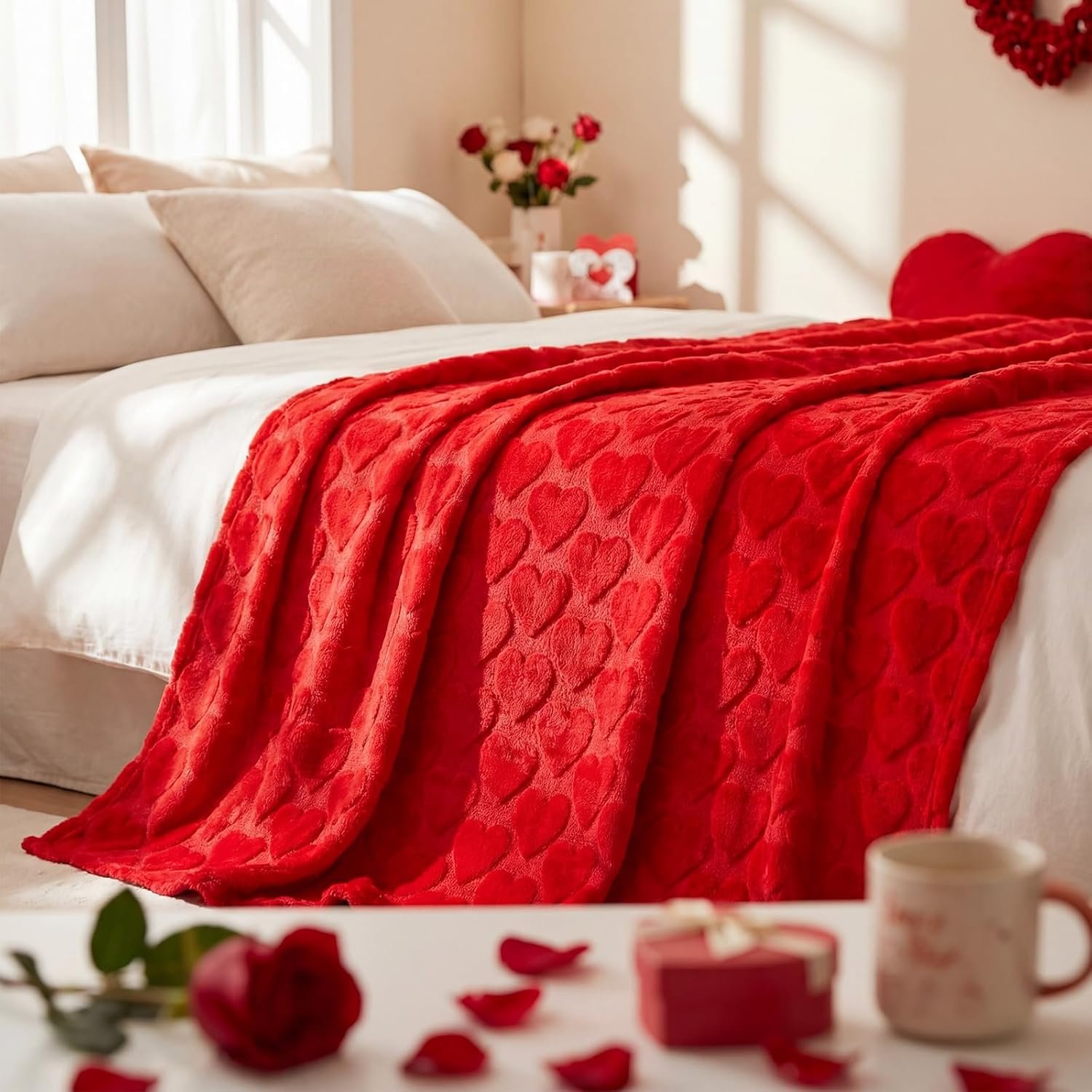 Moukeren Valentines Heart Throw Blanket 50”×60” - 3D Jacquard Heart Throw Blankets, Soft Cozy Romantic Valentines Gifts for Bed Couch Sofa Home Decor - Image 6