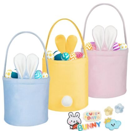 Easter Baskets for Kids, Bunny Easter Basket Set 3-Pack for Egg Hunt, Reusable Velvet Easter Basket with Bunny Ears for Easter Games, Party Gifts & Spring Decoration (Blue, Pink, Yellow)