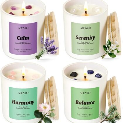 AOOVOO Calm Candles Set for Women - 4 Pack Candles for Home Scented, 28 oz 200 Hour Burn, Aromatherapy Candle with Crystals, Lavender Calm/Jasmine Serenity/Water Lily Pear Harmony/Patchouli Balance