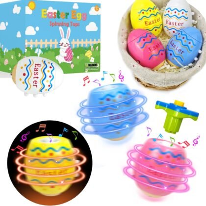 Easter Eggs Basket Stuffers Toys Gifts for Toddler Boys Girls,4 Pack Light up Spinning Tops with Music, Non Candy Spring Easter Egg Hunt Party Favor Supplies Goodie Bag Filler Classroom Prize for Kids