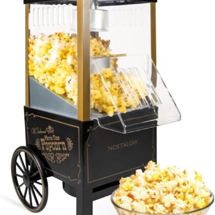 Nostalgia Vintage Hot-Air Popcorn Maker Machine - Makes Up to 12 Cups - Oil-Free - Healthier Popcorn - Classic Stand-Up Cart With Wheels - Includes Kernel Measuring Cup - Black