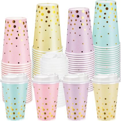 40 Pcs Pastel and Gold Disposable Coffee Cups with Lids 12oz Gold Foil Dot Gradient Paper Cups for Hot Cold Beverage Water Tea Party Wedding Valentines Birthday Supplies