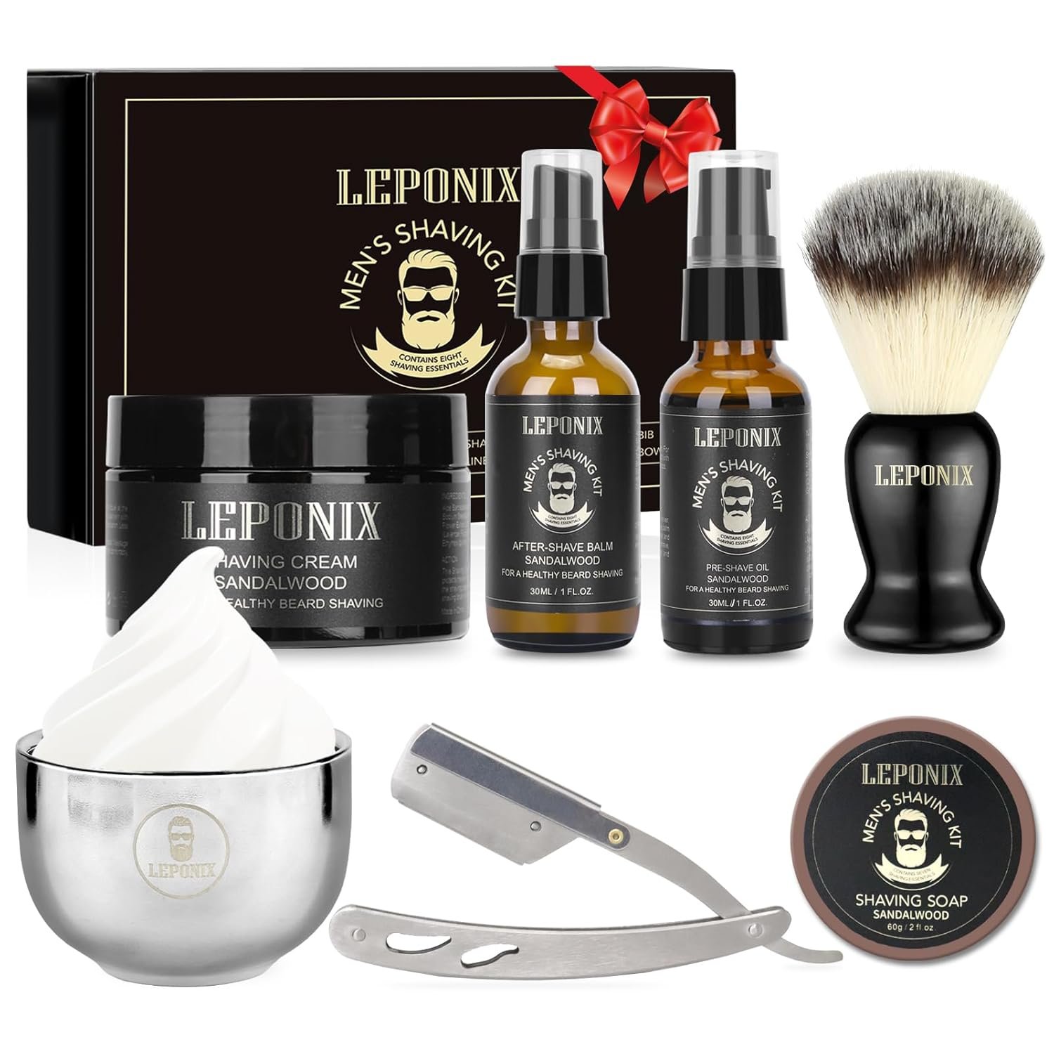 Mens Shaving Kit, Include Straight Razor, Sandalwood Shaving Soap & Cream, After Shave Balm, Pre-Shave Oil, Brush & Bowl – Christmas Gifts for Men Him Secret Santa Gift Set Stocking Stuffers