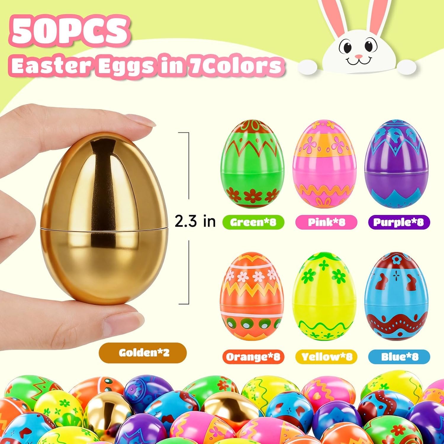 MGparty 50 Pcs Plastic Easter Eggs Empty 2.3 Inch Fillable Easter Eggs Bulk with 2 Golden Eggs, Printed Plastic Eggs for Easter Egg Hunt, Basket Stuffers, Party Favors, Classroom Prizes Decorations - Image 2