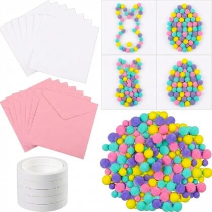 Motipuns 24 Pack Easter Egg Bunny DIY Card Making Kit Blank Card Envelopes with 1200 Colorful Pom Poms Balls Decor for Easter Basket Stuffers Craft Exchange Activity Scrapbook Gift(Macaroon Colors)