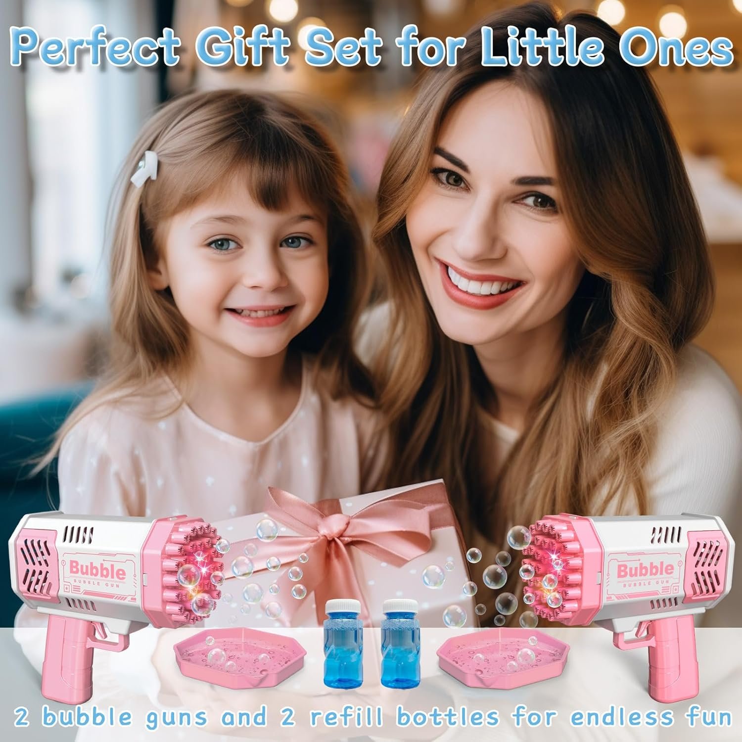 2 Bubble Gun with 2 Bottles Refill Solution for Kids, 40-Hole Light Up Bubble Machine for Toddlers 1-3, Pink Bubble Blaster Maker, Party Favors Toys for Boys Girls 4-8 Birthday Gifts - Image 2