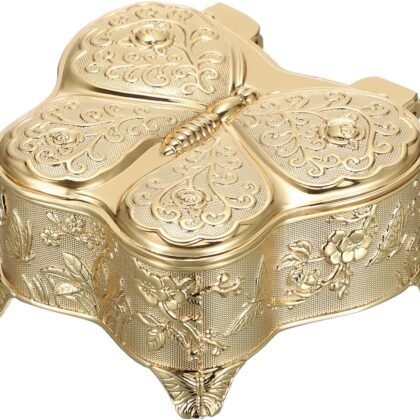 Hipiwe Vintage Jewelry Box Decorative Treasure Chest Butterfly Shape Trinket Keepsake Storage Box Gold Necklace Earring Holder Gift for Women, Small
