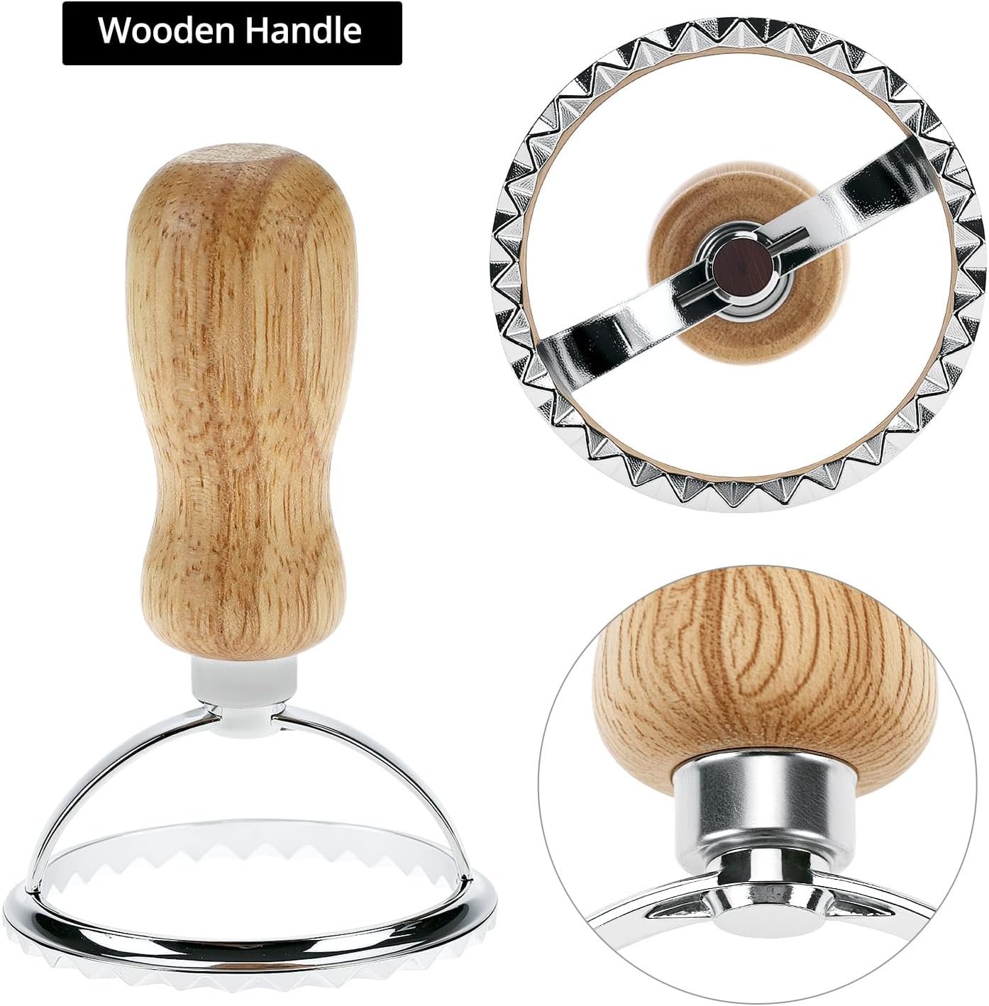 QWORK Ravioli Stamp Maker Cutter with Roller Wheel Set – Wood Handle, Sturdy Aluminum Frame, Precise Fluted Edges – Perfect for Ravioli, Pasta, Cookies - Image 5