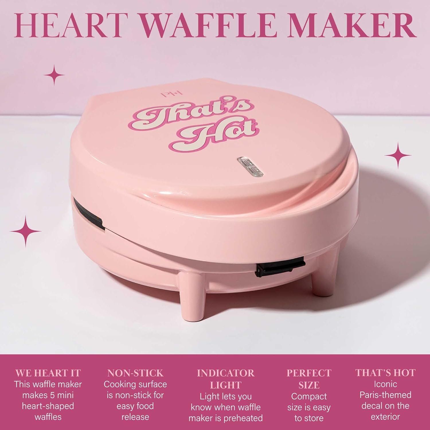 Paris Hilton Heart Waffle Maker, Makes 5 Mini Heart Shaped Waffles or 1 Individual Waffle, Easy to Clean 6" Nonstick Plates, Made without PFAS or PFOA, Electric Waffle Iron, Pink - Image 3