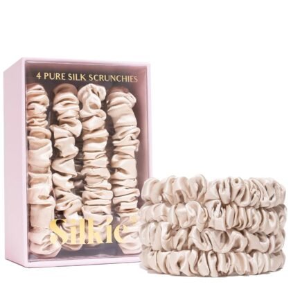 SILKIE x4 Set 100% Pure Mulberry Silk Black Brown Chocolate Pink Nude Neutral Skinny Scrunchies Travel Pouch Everyday Hair Ties Elastics Hair Care Ponytail Holder No Damage (Champagne)