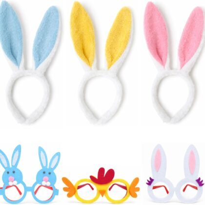 Easter Headbands and Glasses Set, 6PCS Bunny Ear Headbands & Funny Easter Glasses, Cute Photo Props for Easter