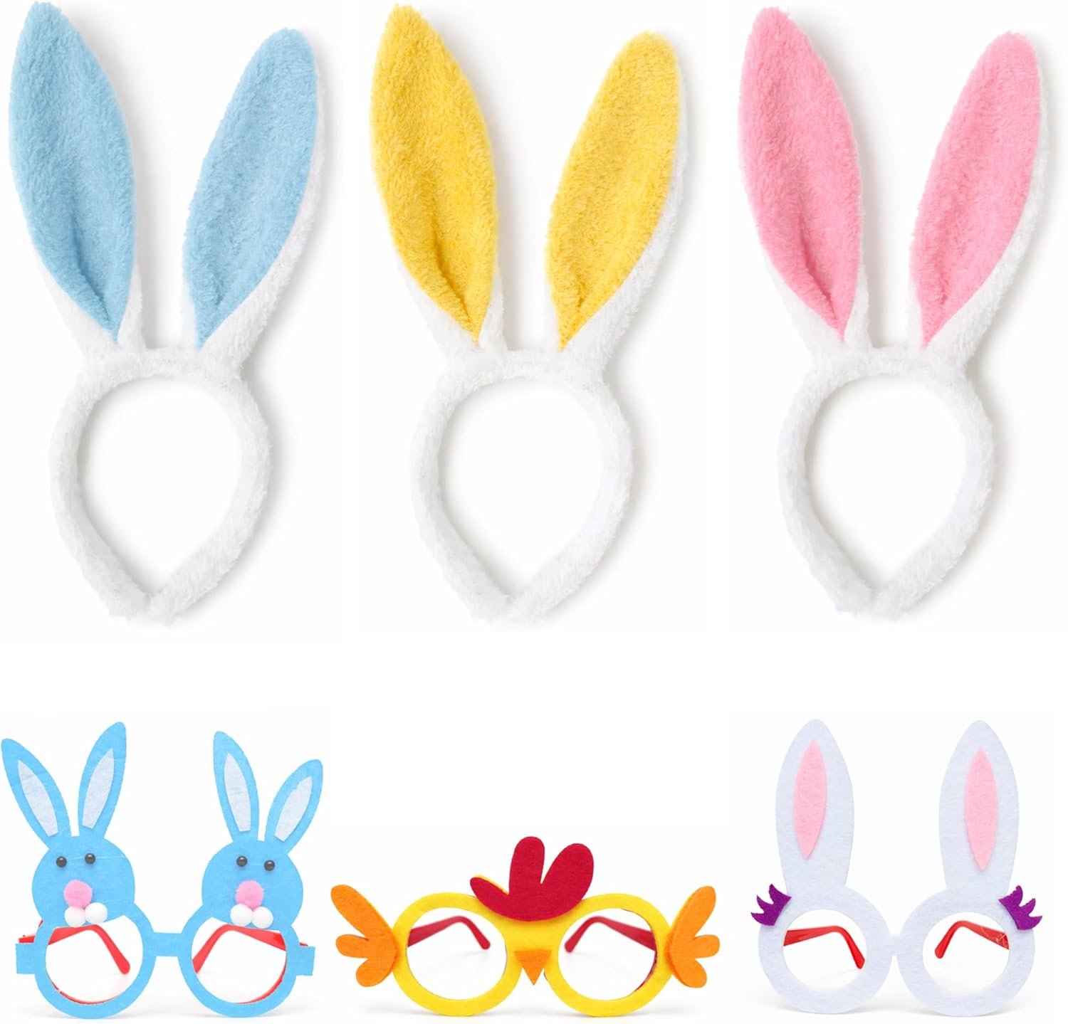 Easter Headbands and Glasses Set, 6PCS Bunny Ear Headbands & Funny Easter Glasses, Cute Photo Props for Easter