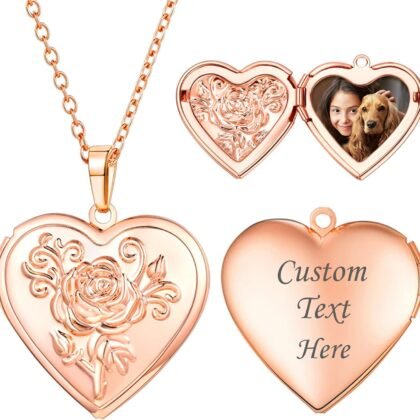 U7 Locket Necklace for Women, Silver/Gold/Rose Gold Custom Photo Text Necklaces, Flower Heart/Round Shape Personalized Picture Pendant Necklace 18 Inch