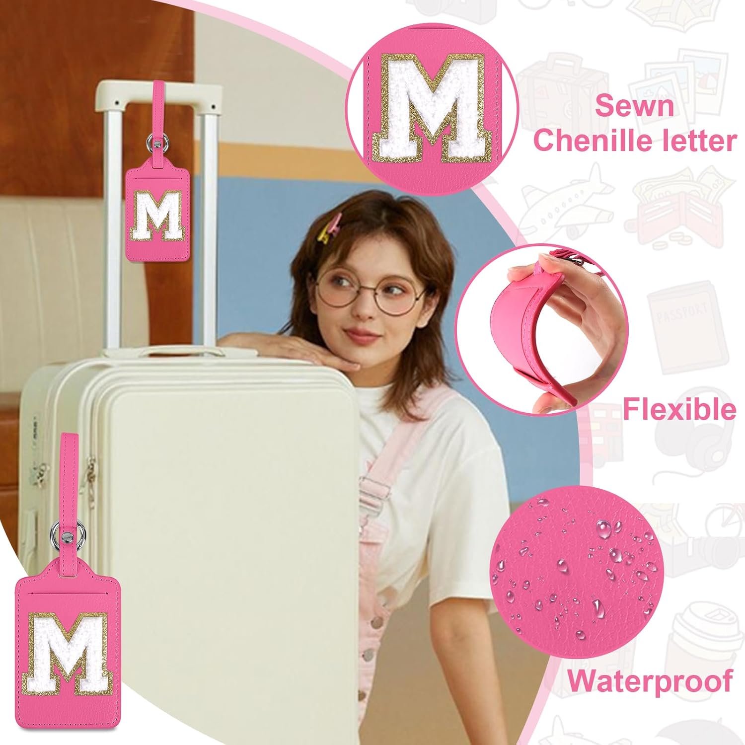 Personalized Initial Luggage Tags for Suitcases, Cute PU Leather Travel Letter Luggage Tags,Suitcase Identifier Name Baggage Tag,Bag Tags for Men Women Kids Luggage Handbags(Rosered-White M) - Image 7