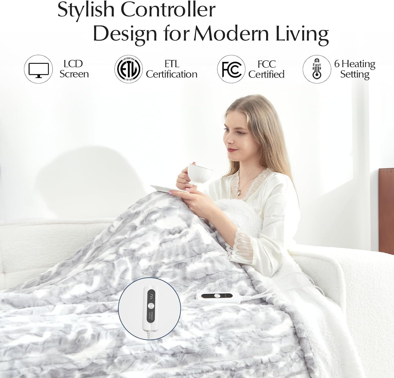 SNUGSUN Heated Throw Blanket Faux Fur & Sherpa, Safe Electric Blanket ETL & FCC Certified, Soft Warm 6 Heating Levels & 4 Hours Auto-Off, Machine Washable, 50"x60" Light Grey & White Pattern - Image 8