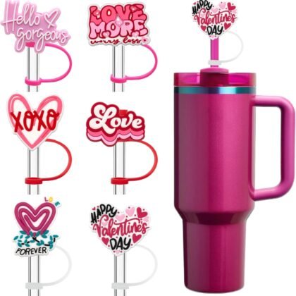 6PCS Valentines Straw Toppers, Silicone Heart Straw Covers for Stanley Cup, Cute Tumbler Accessories Valentine Basket Stuffers Valentines Day Gifts for Her Women