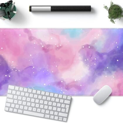 Desk Pad Purple Starry Sky Cute Gaming Mouse Pad Galaxy Gamer Girl Cute Pink Desk Decor Keyboard Desk Mat, Stitched Edges Desktop with Stitched Edges Non-Slip Large Computer Mat 31.5x15.7 in