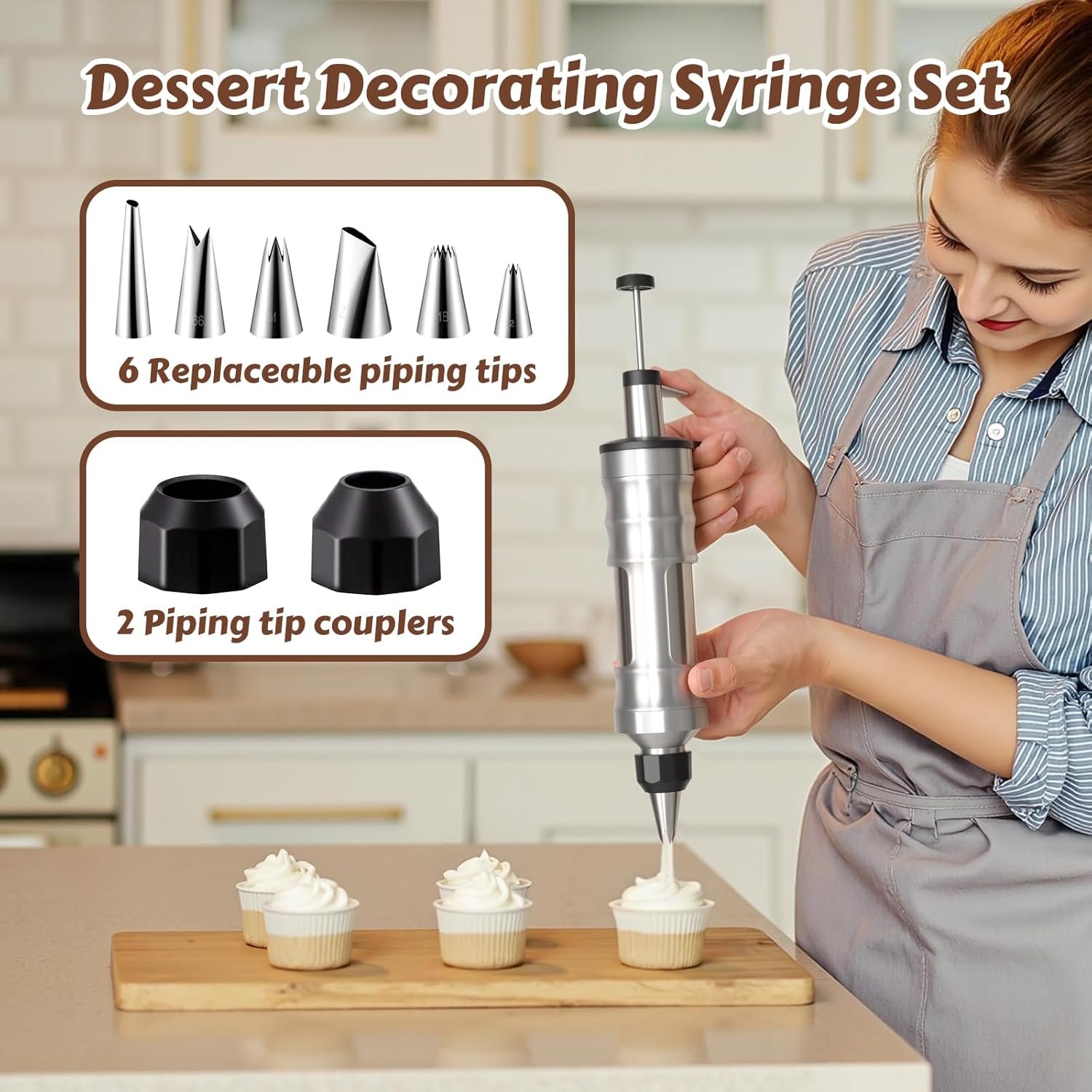 Dessert Decorating Syringe Set, Stainless Steel Frosting & Icing Piping Kit with 6 Tips and 9 Silicone Cupcakes,3 Cream Scraper for Cake Decorating Tools Cupcake Decorating Kit - Image 2