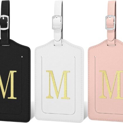 Initial Luggage Tags for Suitcases, 3 Pack TSA Approved Easy to Identify Leather Letter M Travel Tags for Luggage, Travel Essentials Bag Tag Suitcase Identifiers, Cute Hot Stamped Monogram