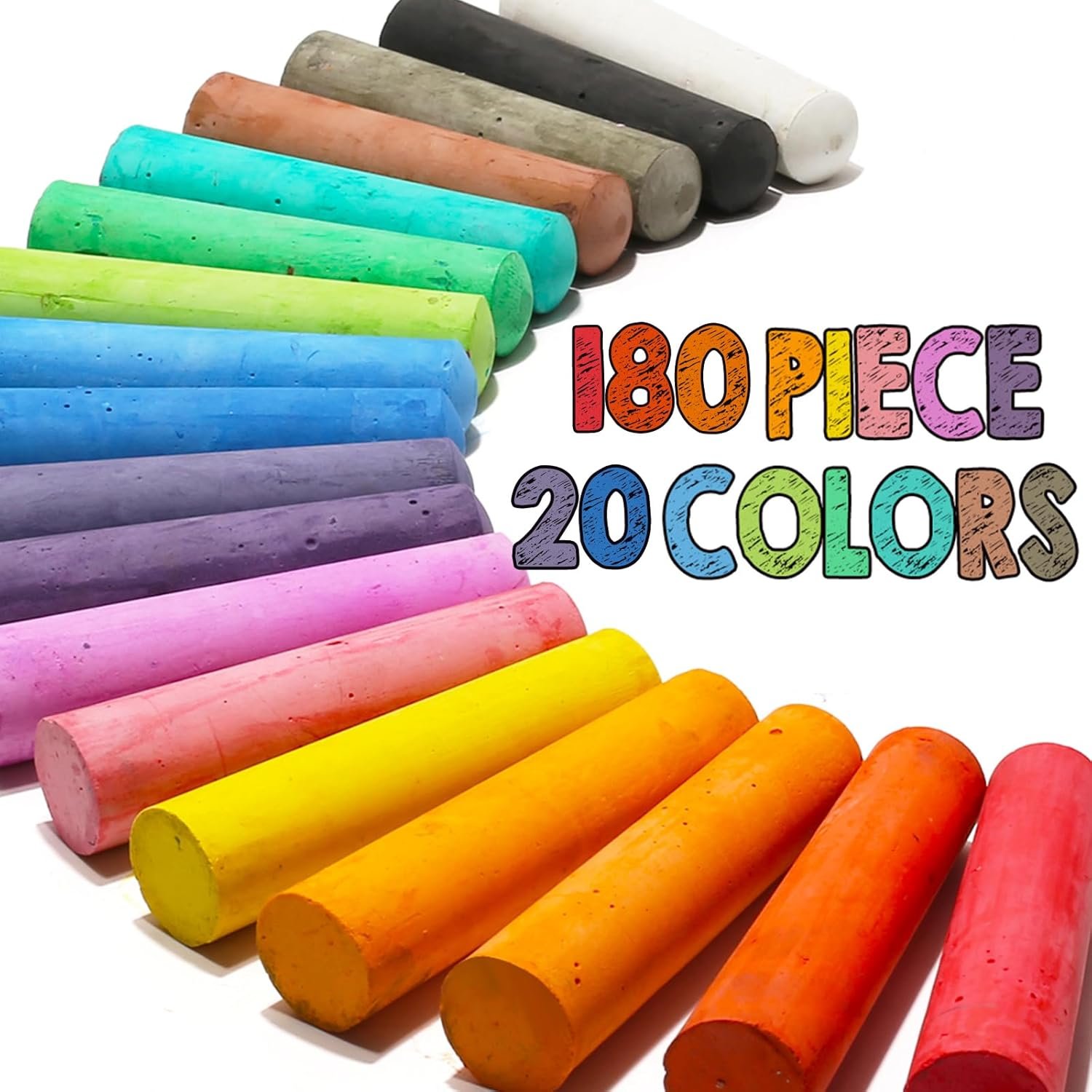 180 Pack Washable Sidewalk Chalk for Kid, 20 Colors Non-Toxic Jumbo Chalk Paint Bulk for Summer Outdoor Activity, Playground, School Classroom Chalkboard, Chalk Party Favors Set for Toddler Kids Adult - Image 2
