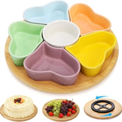 Cididu 11'' Lazy Susan Serving Tray, Ceramic 360° Rotating Serving Tray Platters, Removable Divided Appetizer Relish Dish, Heart Shape Snack Bowl Set for Party Kitchen Fruit Veggies Cheese, 7 Pieces