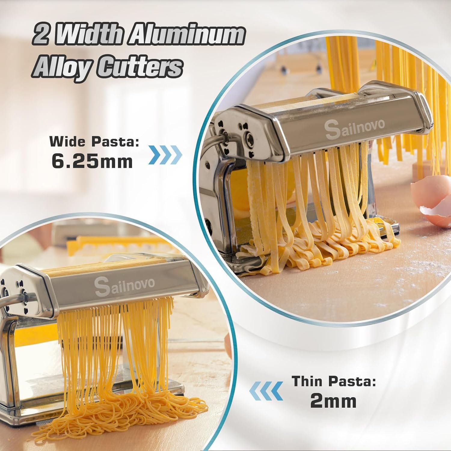 Sailnovo 3 in 1 Pasta Maker Machine - 9 Adjustable Thickness Settings Aluminum Alloy Pasta Roller & 2 Width Cutters for Fresh Spaghetti, Fettuccini, Lasagna, Dumplings - Stainless Steel, Silver - Image 3