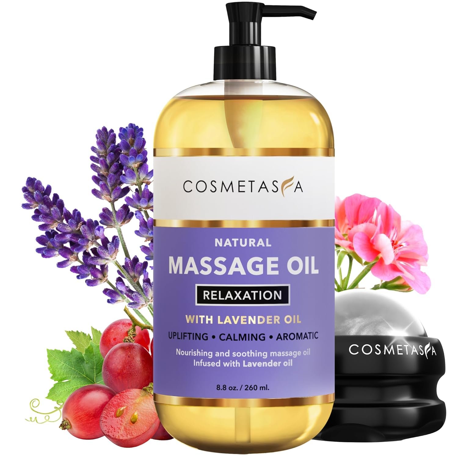 Cosmetasa Lavender Massage Oil for Massage Therapy with Roller - All Natural, Cruelty-Free & Spa Quality Skin Therapy Oil & Soothing Care - Lavender, Geranium & Grapeseed Oil (8.8 oz)