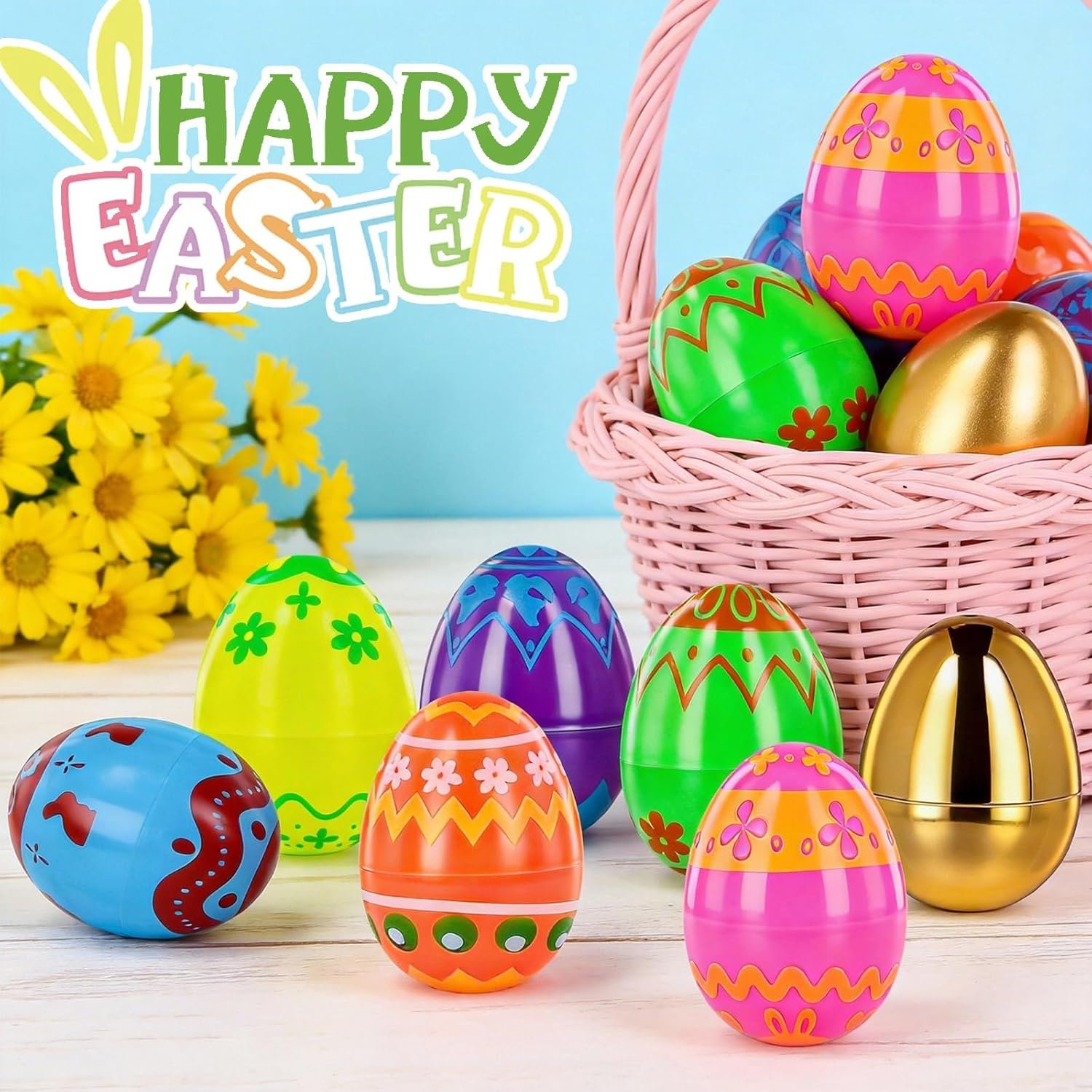 MGparty 50 Pcs Plastic Easter Eggs Empty 2.3 Inch Fillable Easter Eggs Bulk with 2 Golden Eggs, Printed Plastic Eggs for Easter Egg Hunt, Basket Stuffers, Party Favors, Classroom Prizes Decorations - Image 5