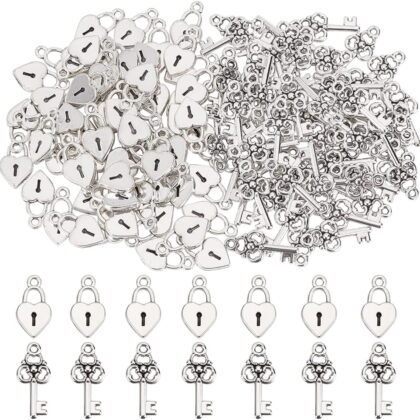 CHGCRAFT 120Pcs Vintage Filigree Skeleton Key Heart Lock Charm Set Antique Silver Tibetan Heart Shape Padlock with Key Pendant Charms for Bracelets Necklace DIY Craft
