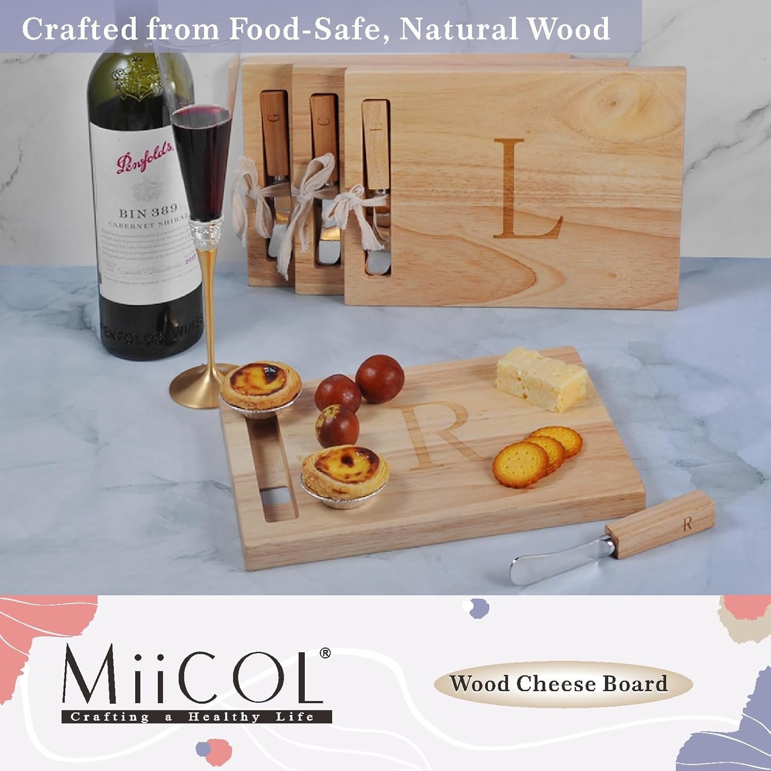 Miicol Wood Charcuterie Board, Monogram Cheese Board 10 Inch, Personalized Initial Cutting Board with Spreader, Unique Housewarming Gift, Ideal for Kitchen, Home, Letter R - Image 2