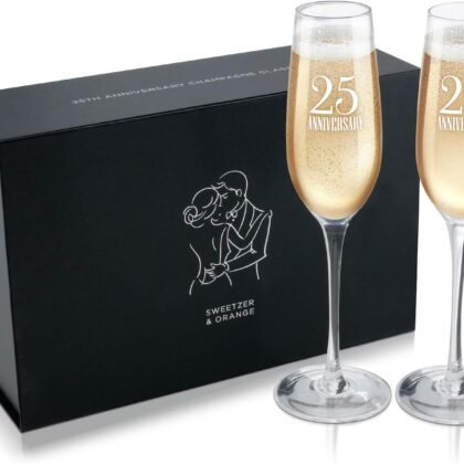 Sweetzer & Orange 25th Anniversary Glasses for Couple Set of 2 Wedding Anniversary Champagne Flutes. Wine Glasses for Husband and Wife. 8 oz Engraved Champagne Glasses. Gift for Married Couples