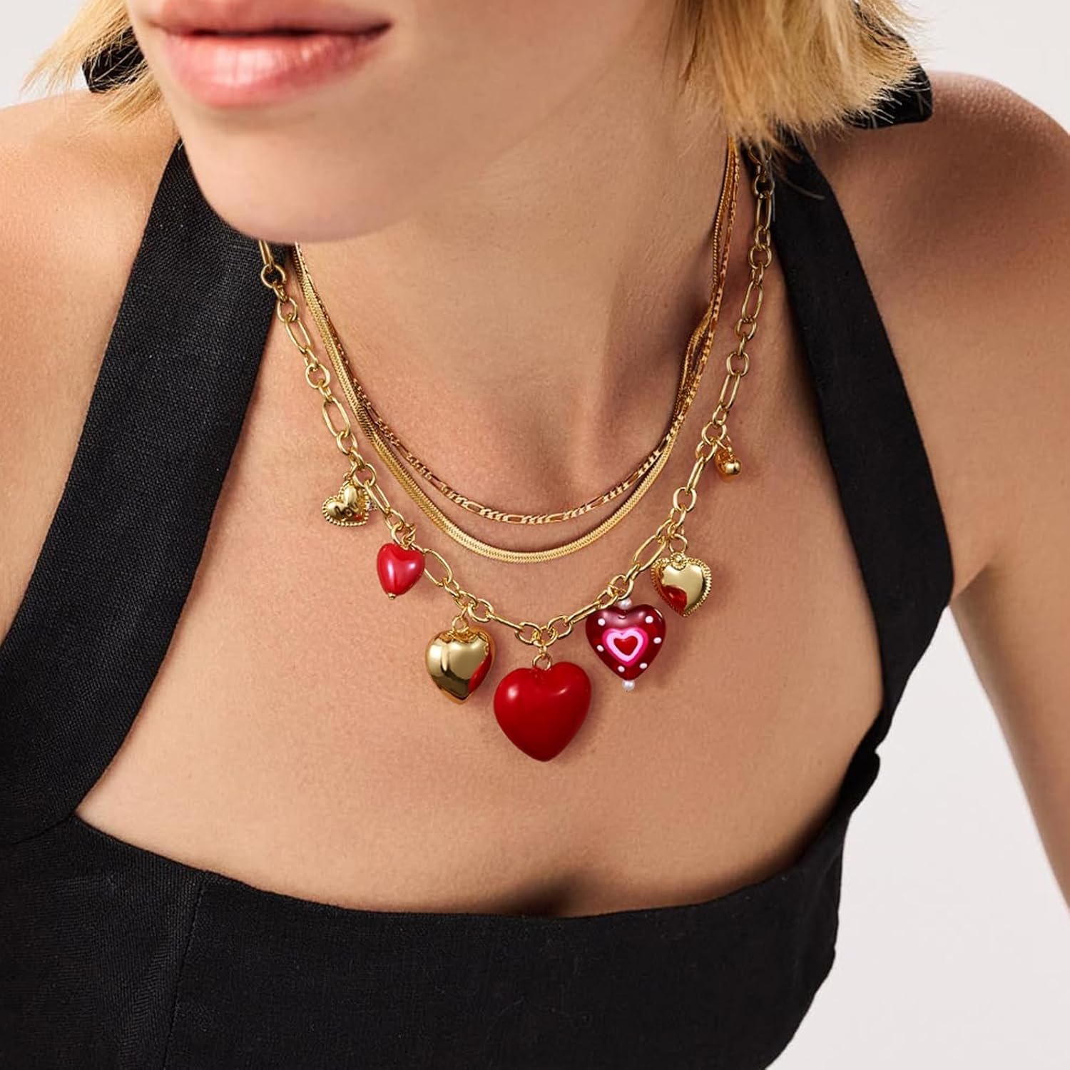 KissYan Heart Charm Necklace for Women, 14K Gold Plated Chunky Red Love Heart Pendant Link Chain Fashion Jewelry Gifts - Image 2