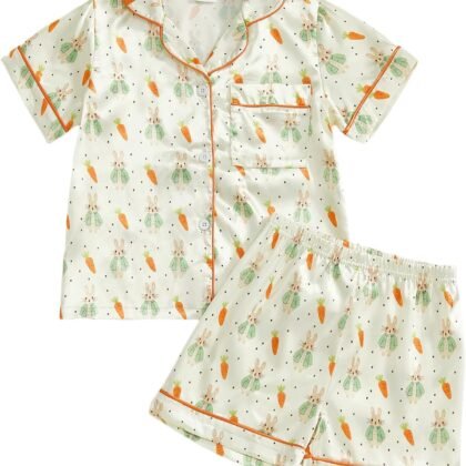 Piacakece Baby Girl Bunny Easter Pajamas Set Kids Short-Sleeve Button Shirt and Shorts 2PCS Loungewear for Girls