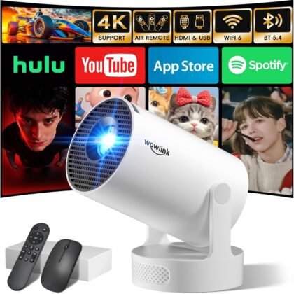 [Built-in Apps & 2026 Upgraded] Mini Projector with WiFi 6 and Bluetooth 5.4 Support 4K 1080P Auto Keystone 180° Rotatable Projector Portable Compatibile with HDMI/TV Stick/Memory Stick/Laptop, White