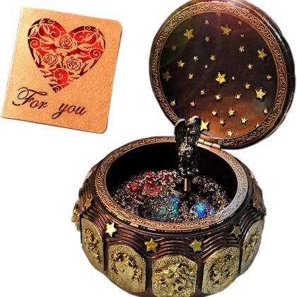 Briskfeel Vintage Music Box with Constellations Rotating Goddess LED Lights Twinkling Resin Carved Mechanism Musical Box with Sankyo 18-Note Wind Up Signs of The Zodiac Gift for Birthday (A1 Vintage)