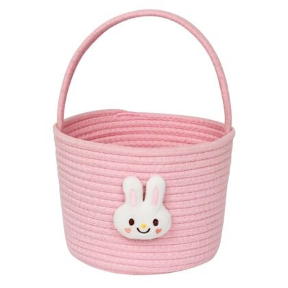 Easter Basket for Kids, Pink Woven Bunny Egg Hunt Container with Handle, Reusable Cotton Rope Easter Gift Basket for Boys, Girls, Toddler, Baby Nursery Decoration, Cute Kids Toy Storage Bin