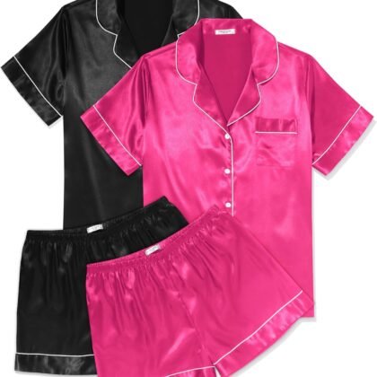 Ekouaer 2 Pack Pajama Sets for Women Silk Satin Pj Short Sleeve Button Down Sleepwear Top and Shorts Summer Lounge Set S-XXL