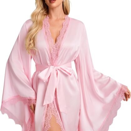 Womens Satin Robe Lace Trim High Side Slit Kimono Short Silky Bathrobe Sexy Sleepwear Eyelash Lace Trim Bell Sleeve