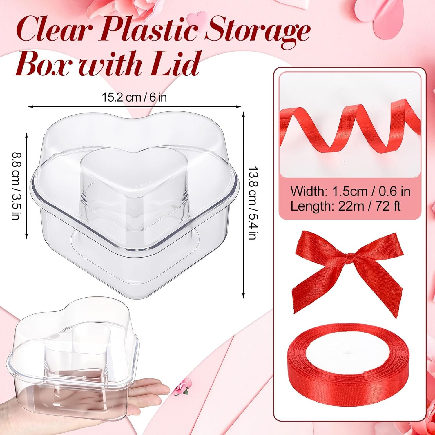4 Pcs Valentine's Day Heart Shaped Plastic Container 5.4" W x 3.5" H Clear Double-heart Box with Lid Valentine's Plastic Storage Box with Ribbon for Packaging Candies, Dessert, Snack - Image 2
