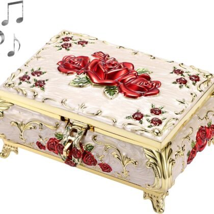 ELLDOO Vintage Music Box, Beige Metal Musical Jewelry Box Keepsake Box, Small Trinket Jewelry Storage Box Gift for Girl Women (Tune: You are My Sunshine), Red Rose Pattern, Large
