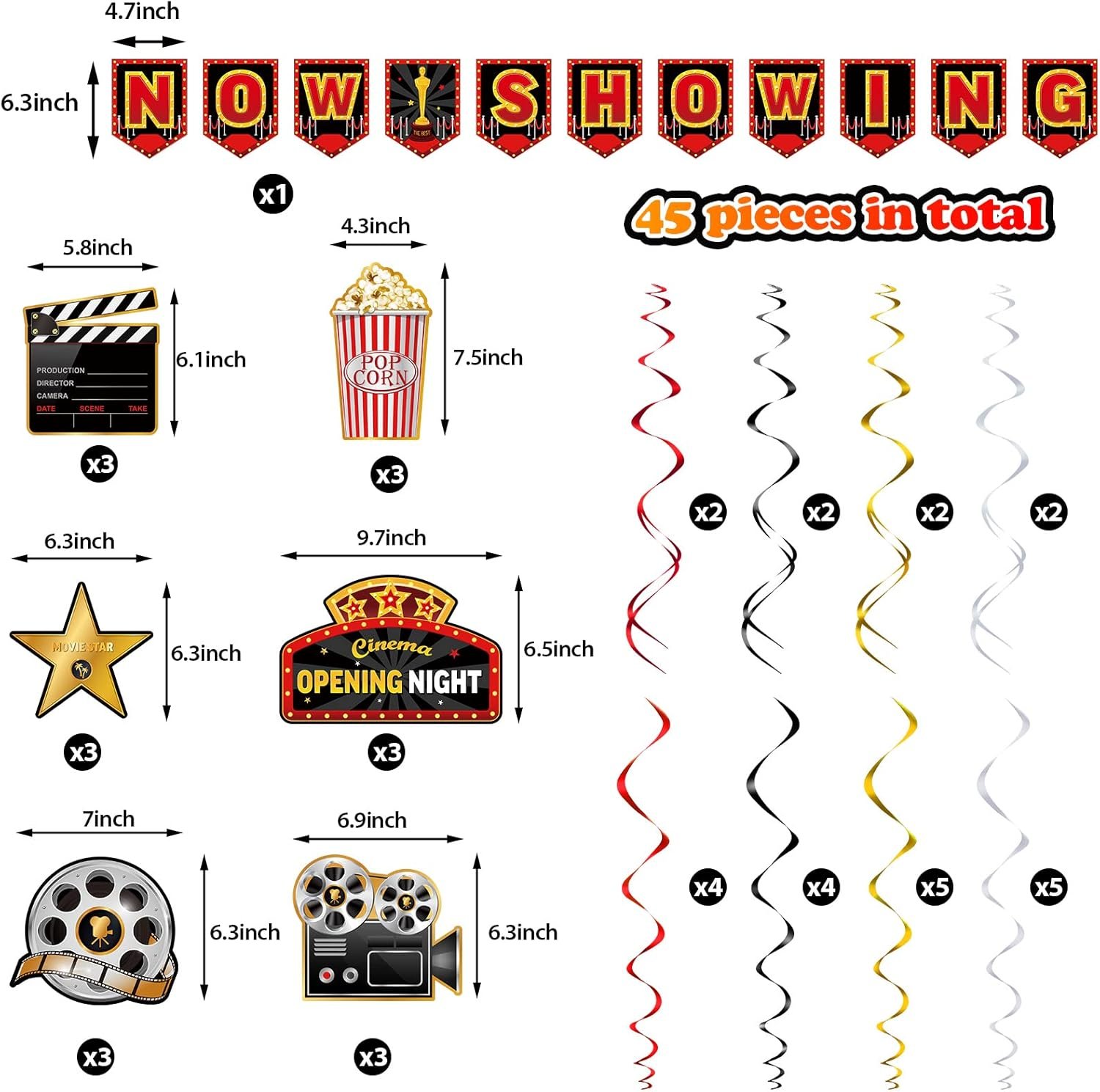 45 Pieces Movie Night Decorations Party Decorations Kit Now Showing Banner Hanging Swirls Movie Theater Themed for Bridal Shower Birthday Party Supplies Film Backdrop - Image 2