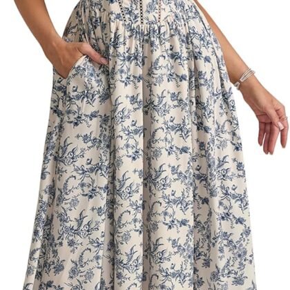 KUTUMAI Floral Corset Midi Dress Flowy Slit Summer Spring Wedding Guest Dresses for Women Sundress with Pockets