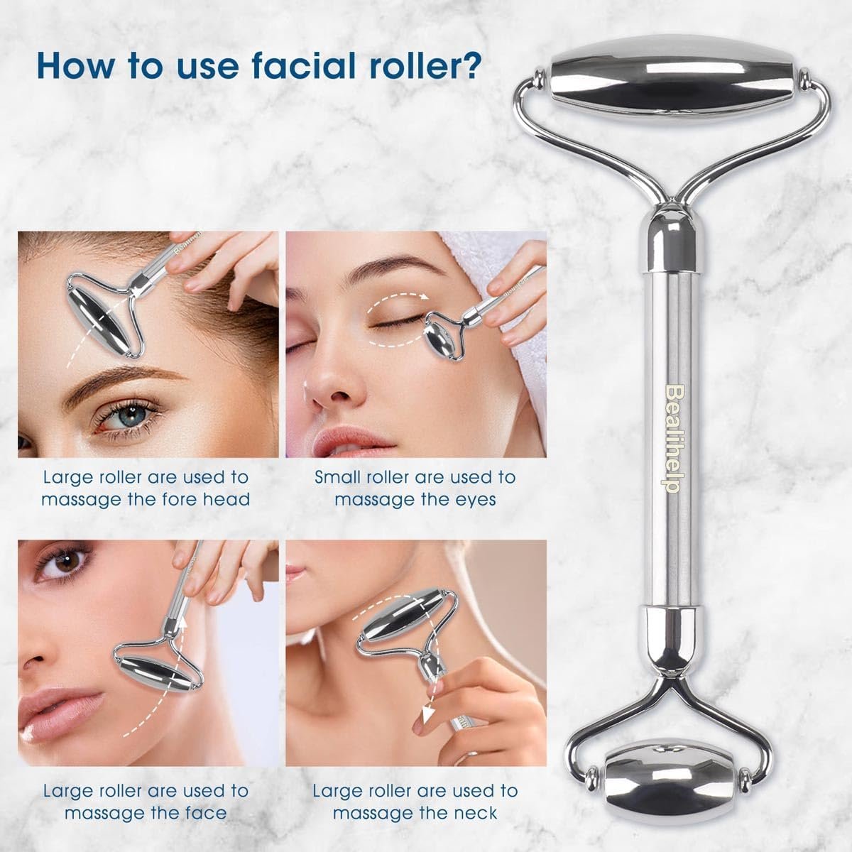 Face Roller and Gua Sha, Stainless Steel Facial Roller and Guasha Tool for Face, Skin Care Roller for Wrinkles and Lifting, Improve Puffiness, Metal Face Massager for Eyes, Neck Tighten - Image 4