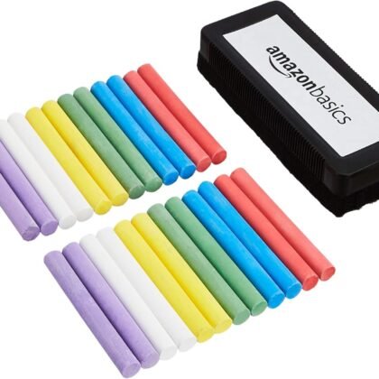 Amazon Basics Dustless Colored Chalk with Eraser, Assorted Colors, Chalkboard Writing Art Tool Set, Erasable, 24 Count