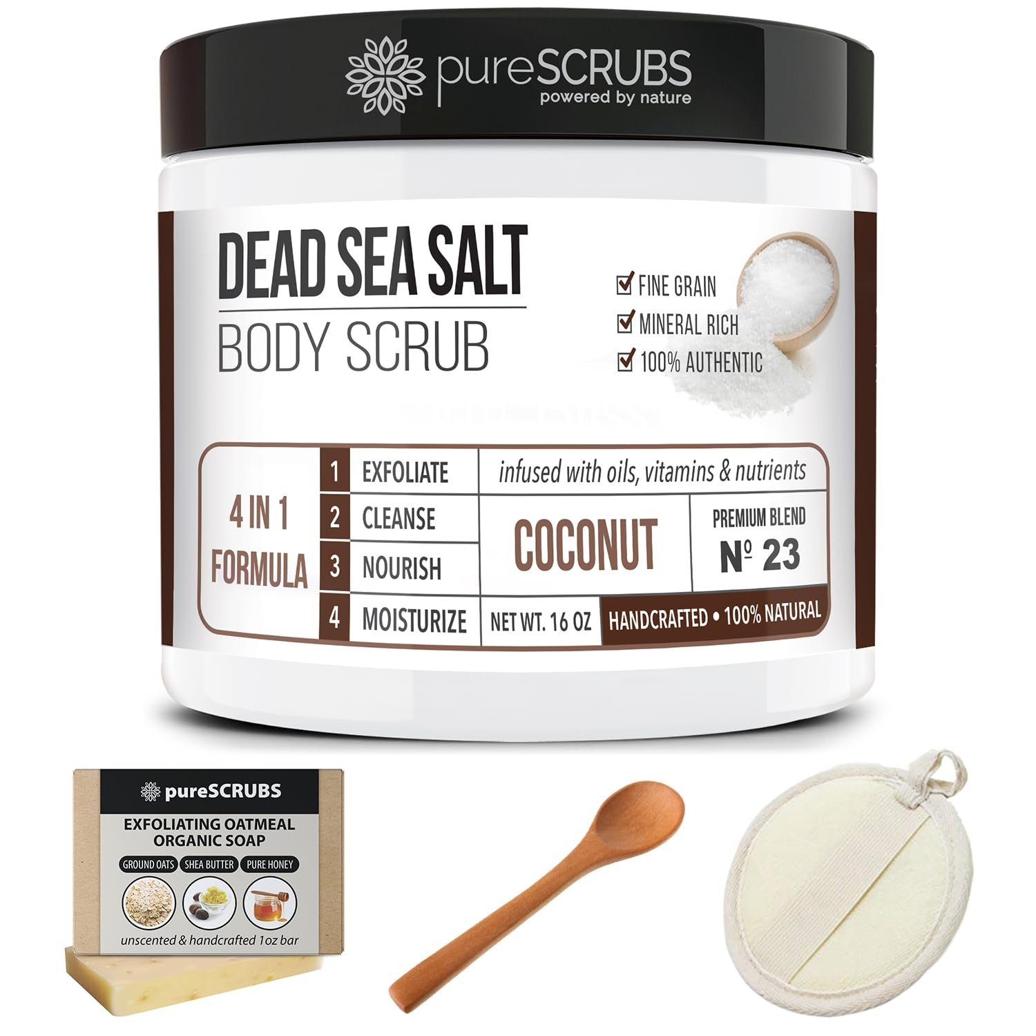 pureSCRUBS Premium Coconut Body Scrub Set - Large 16oz Dead Sea Salt Body Scrub With Infused Essential Oils & Nutrients, Includes Wooden Spoon, Loofah & Oatmeal Exfoliating Bar Soap - Image 5